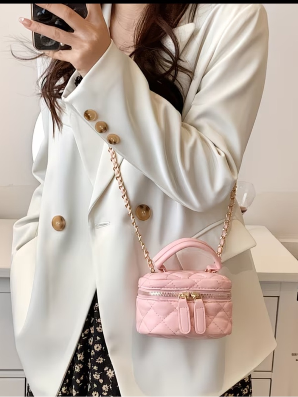 Affordable Fashion Finds Quilted Pink Mini Top-Handle Crossbody with Gold Chain